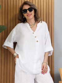 Completo casual da donna in cotone e lino a righe