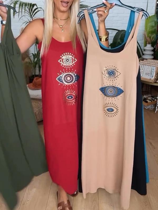 Abito da donna con bretelle e stampa a occhi e scollo tondo