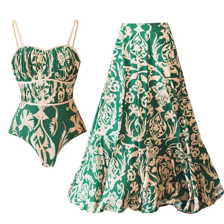 Floral Print Flared Skirt Swimsuit Set New