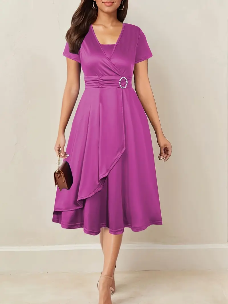 Vestido de verão feminino elegante com decote em V, cor sólida