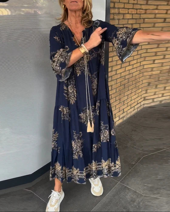 Vestido vintage solto com decote em V