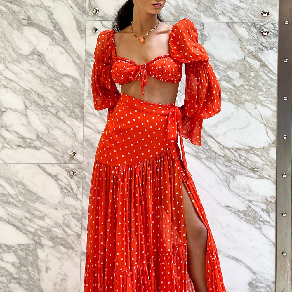 2025 New Lone Sleeve Red Polka Dots Bikini Swimsuit and Skirt