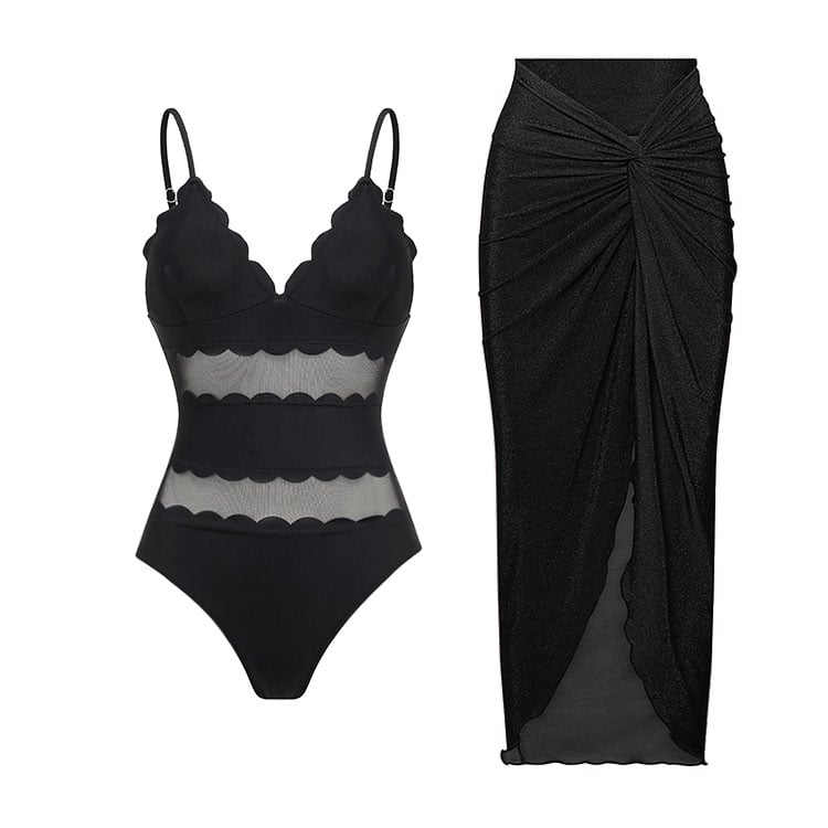 2025 New Mesh Splice Black One Piece Swimsuit Set