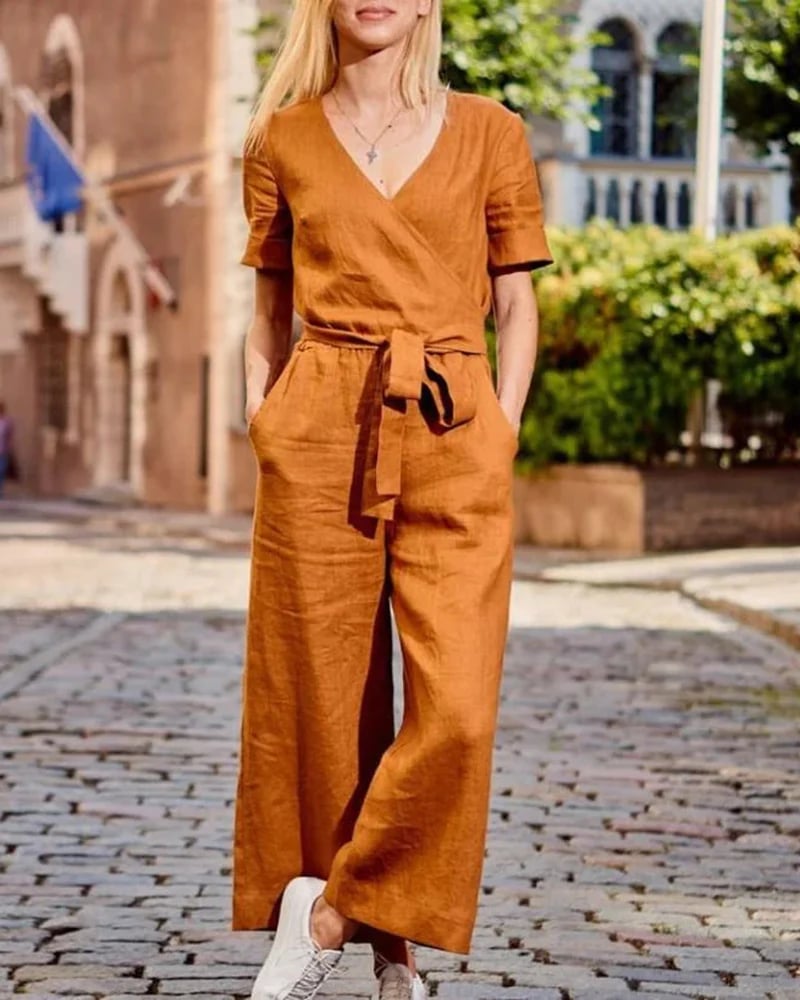 Short Sleeve Solid Color Lace-Up V Neck Soft Romper Jumpsuit