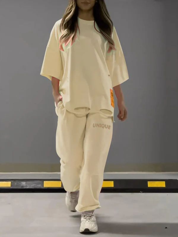 T-shirt girocollo alla moda, ampia e cava, set da due pezzi