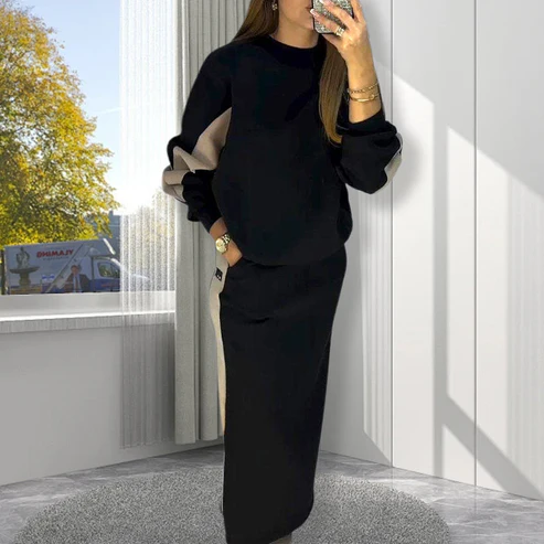 Completo top a maniche lunghe colorblock e gonna spaccata