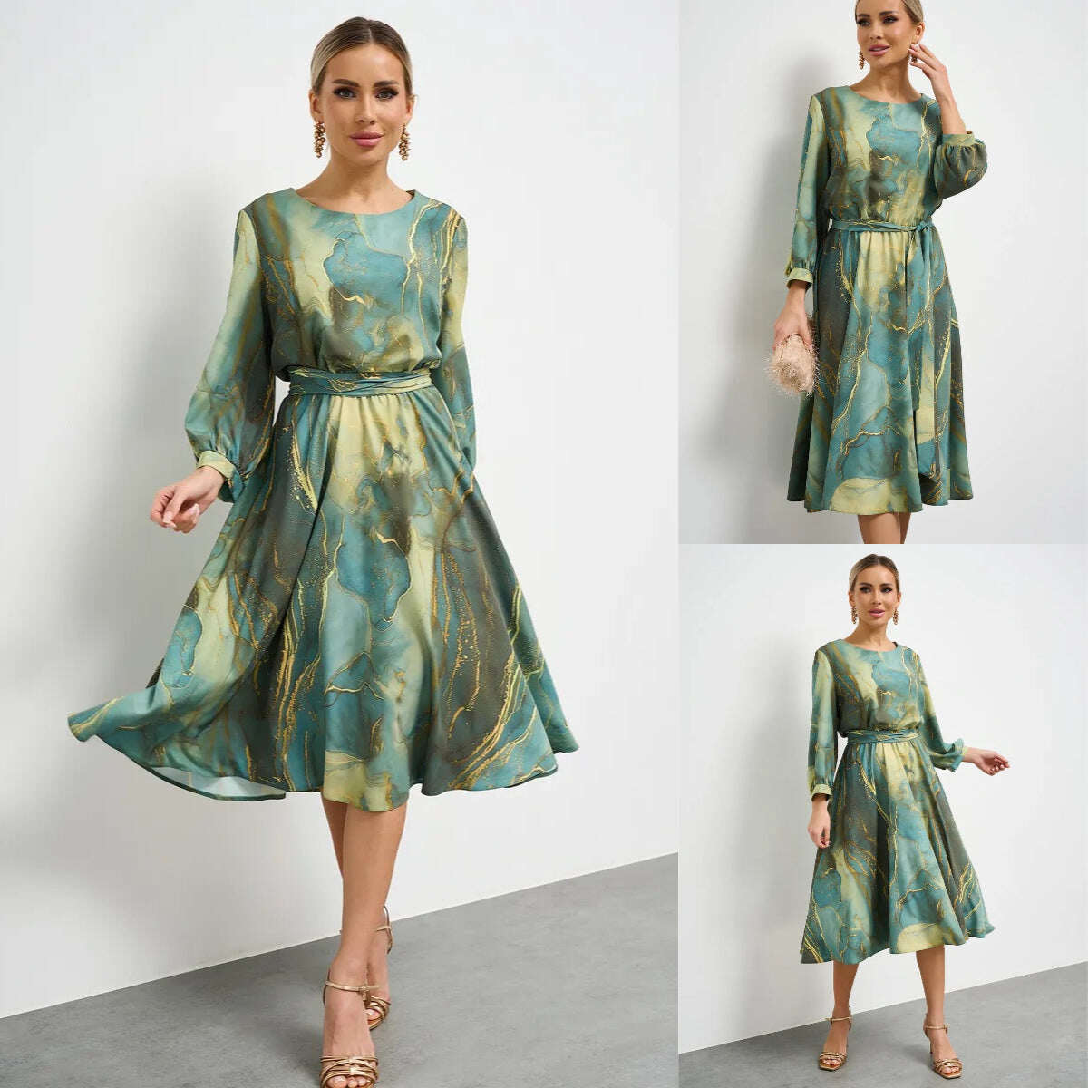 👗【Pavasara feja】Eleganta zaļa kleita ar garām piedurknēm ar īsiem svārkiem🌸