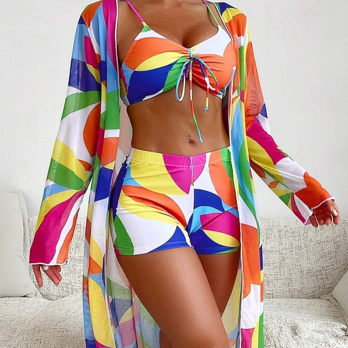 Set tre pezzi da donna con costume da bagno bikini stampato 2024