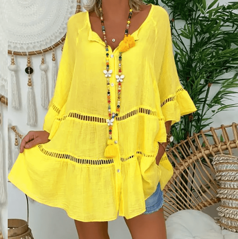 【S-5XL】Vestido solto de algodão e linho com decote em V e botões