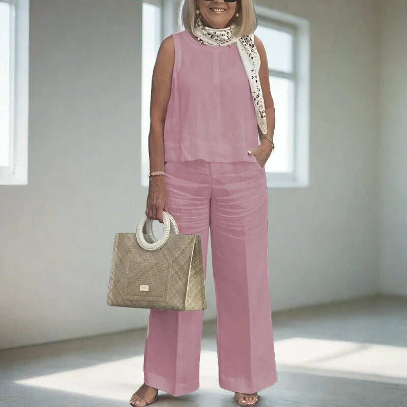 Conjunto feminino de linho de algodão sem mangas