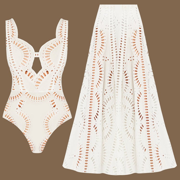 ✨ White Hollow One Piece Swimsuit Set 🩱