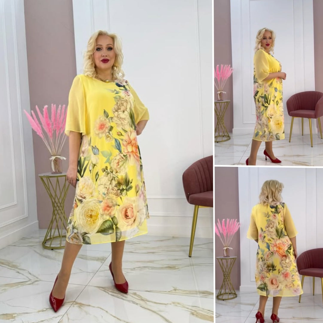 [S-5XL]🌸Νέο φόρεμα με μισά μανίκια του 2025 με στάμπα, ύφασμα από mesh σιφόν