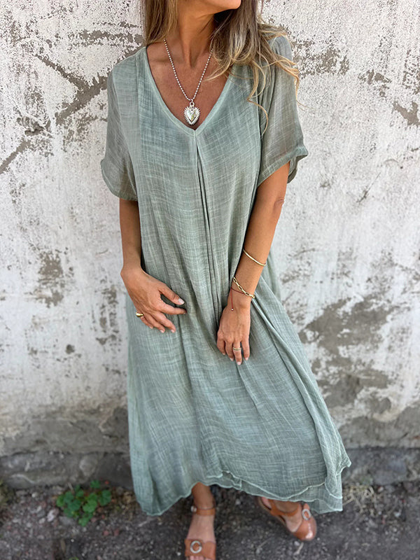 🎁Vestido de algodão e linho com gola pontuda