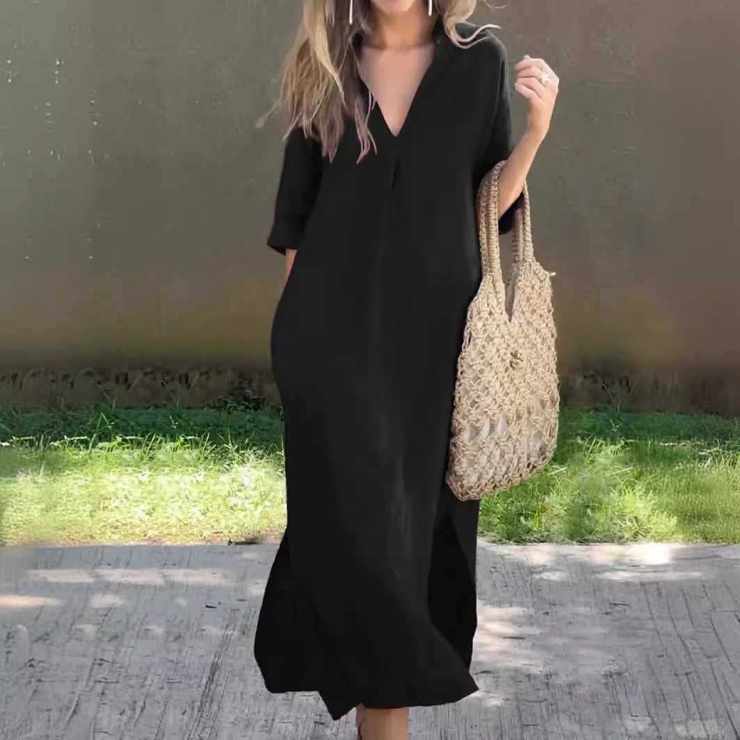 Abito da donna in cotone e lino con scollo a V e maniche corte