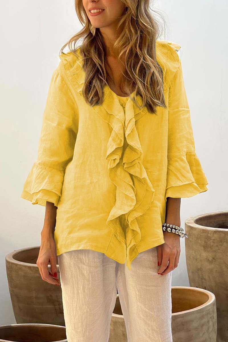 Top casual da donna in cotone e lino con colletto a balze