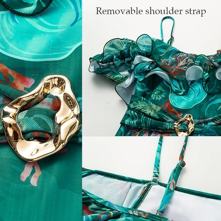 2025 New design - Removable Shoulder Strap Off Shoulder Marine Organism One Piece Swimsuit Set
