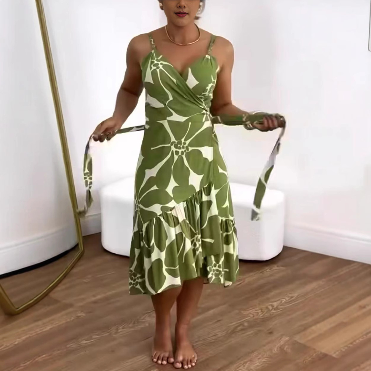 🏖️Vestido túnica feminino casual com estampa resort e franzidos