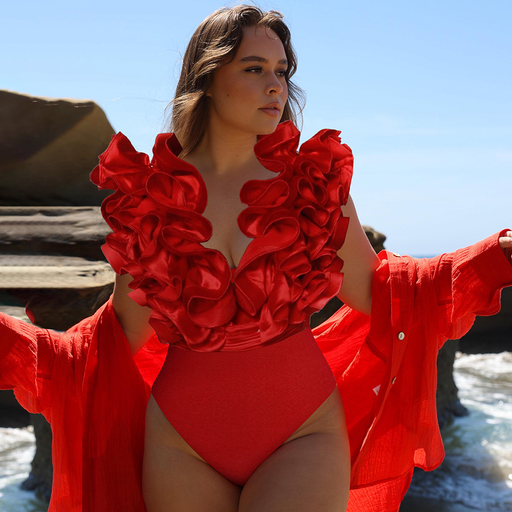 ✨ Red Flower Frilled V Neck One Piece Swimsuit and Skirt