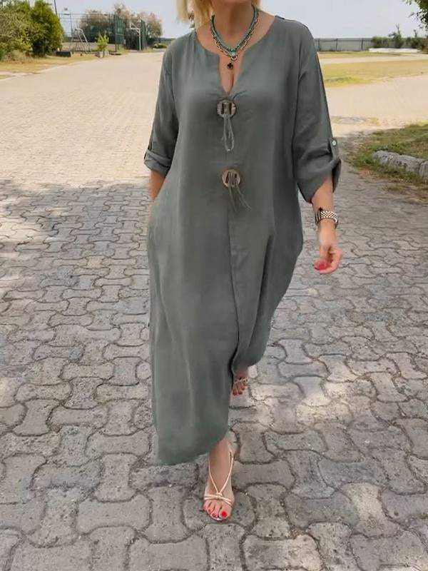 Vestido casual de algodão e linho com decote em V
