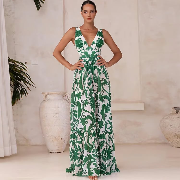 V Neck Print Two Piece Swimsuit Set - Green