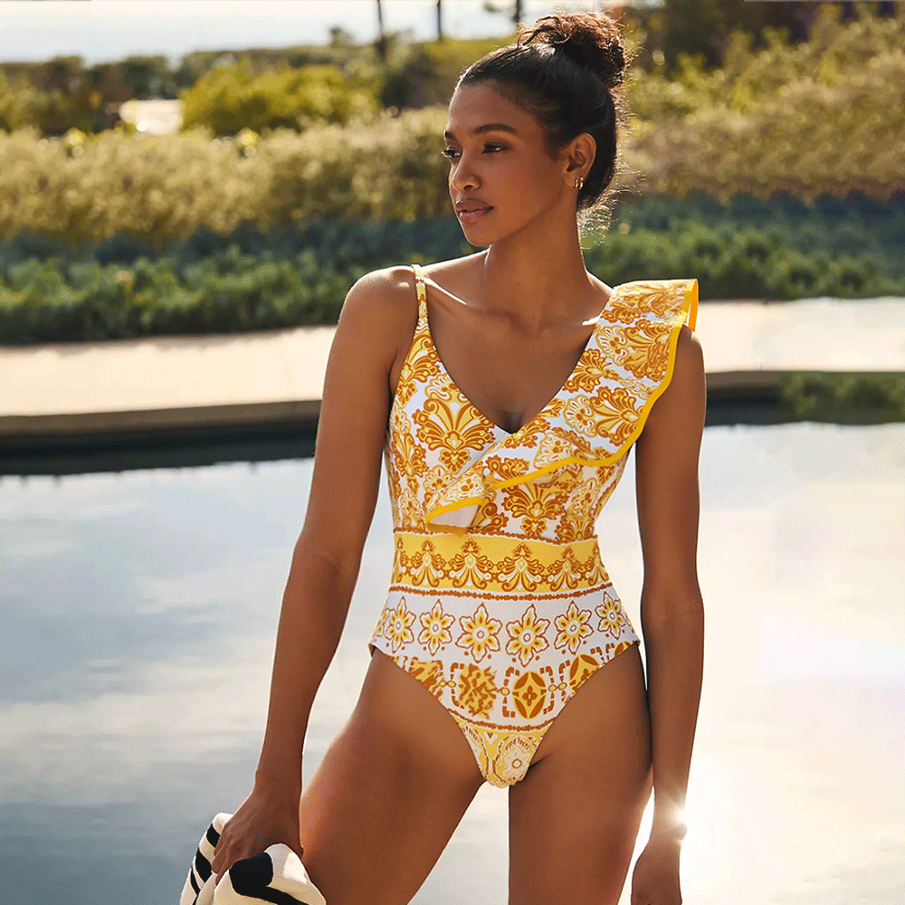 Asymmetrical Ruffle Printed One Piece Swimsuit and Skirt
