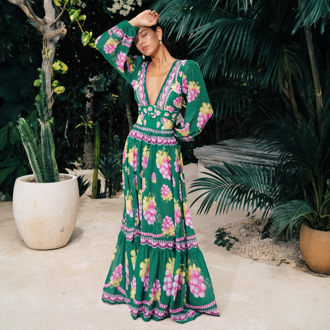 🌼 Long-sleeved Retro Green Grapes Print One Piece Swimsuit and Skirt 😍