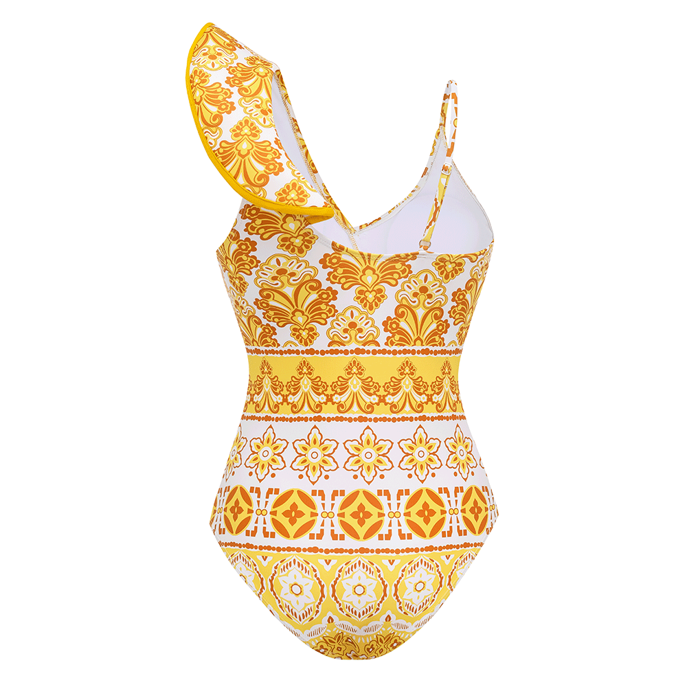 Asymmetrical Ruffle Printed One Piece Swimsuit and Skirt