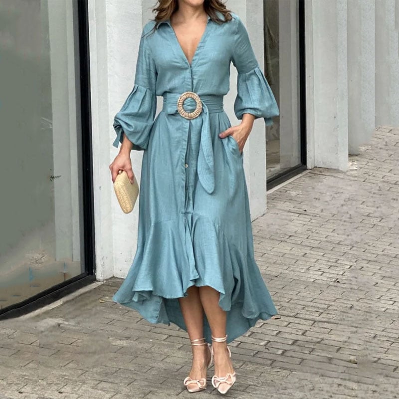 2025 New V-neck lapel waist-skimming dress