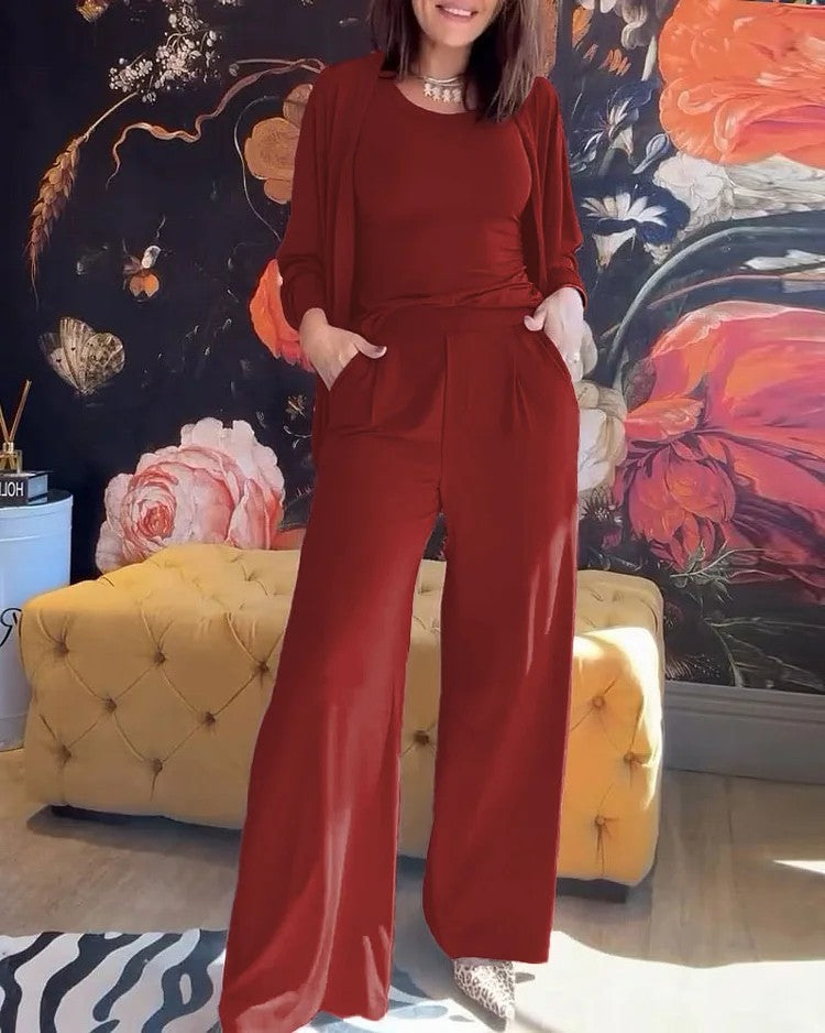 Set di tre pezzi, giacca gilet casual e confortevole, pantaloni a gamba larga