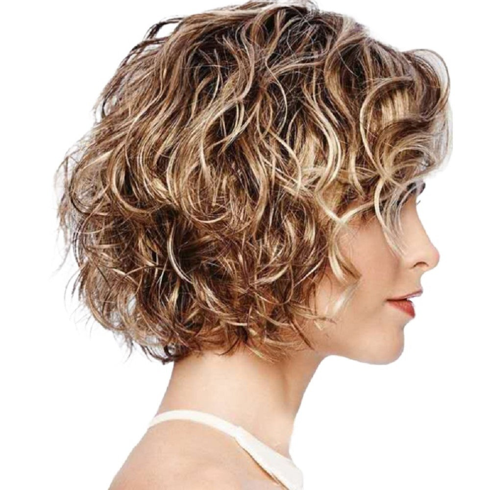 🙋Short, voluminous and curly hair with oblique fringes.