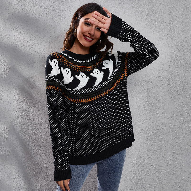Maglione lavorato a maglia a maniche lunghe a pois retrò fantasma di Halloween