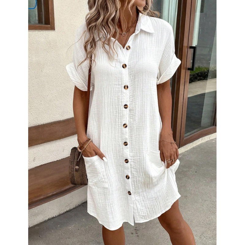 【S-3XL】Vestido camisa simples de verão 2024 com decote em V