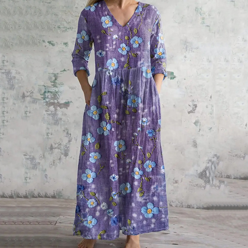Purple Floral Art Alzheimer's Awareness Embroidery V Neck Midi Dress