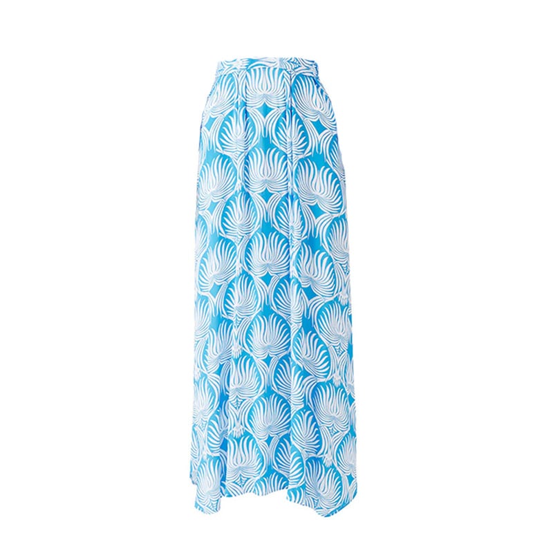 👙One-piece swimming costume with long sleeves and blue lotus pattern, paired with a skirt