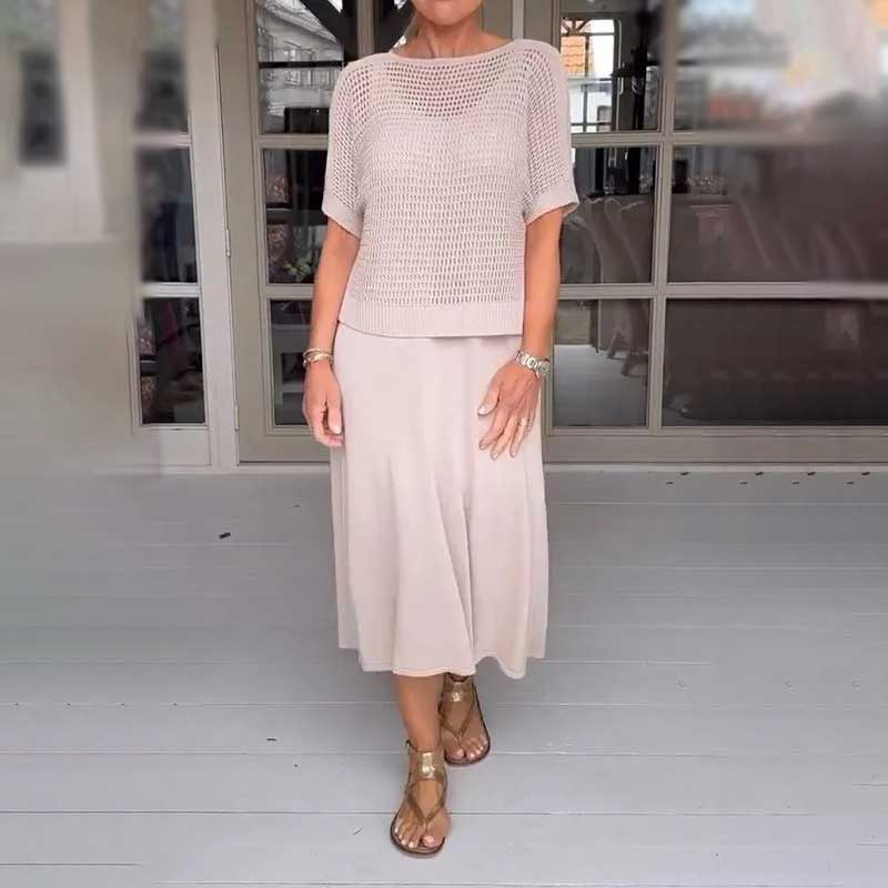 Conjunto de duas peças de vestido feminino de crochê e malha