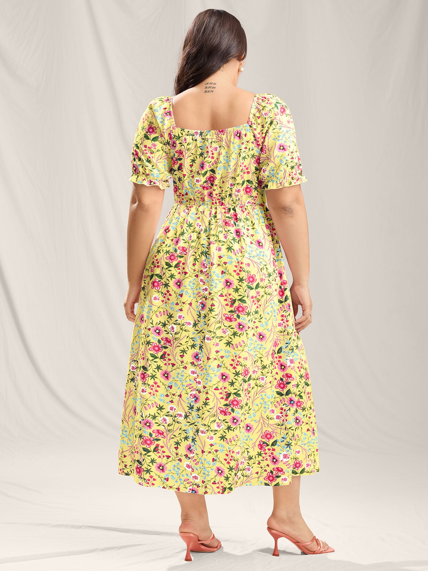 Shirred Floral Print Pockets Maxi Dress