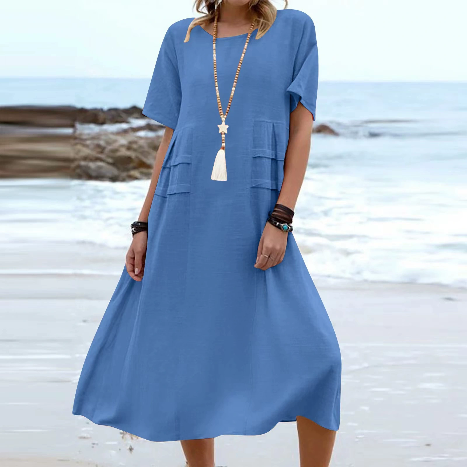 Vestido de algodão com gola redonda
