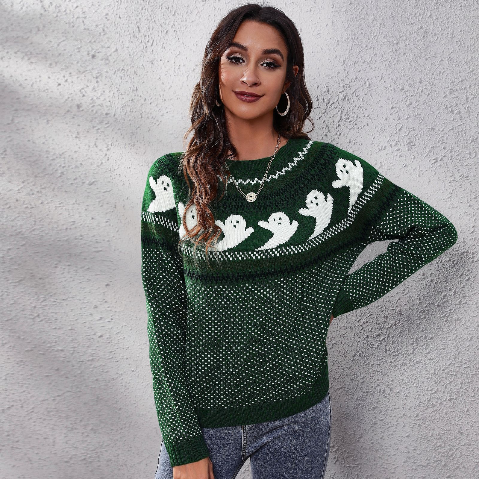 Maglione lavorato a maglia a maniche lunghe a pois retrò fantasma di Halloween