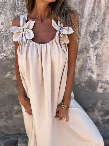 💕Vestido feminino de cor sólida com estampa floral e decote em U