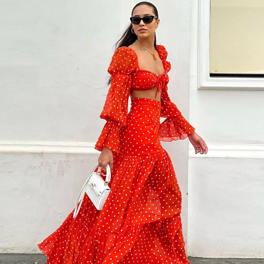 2025 New Lone Sleeve Red Polka Dots Bikini Swimsuit and Skirt
