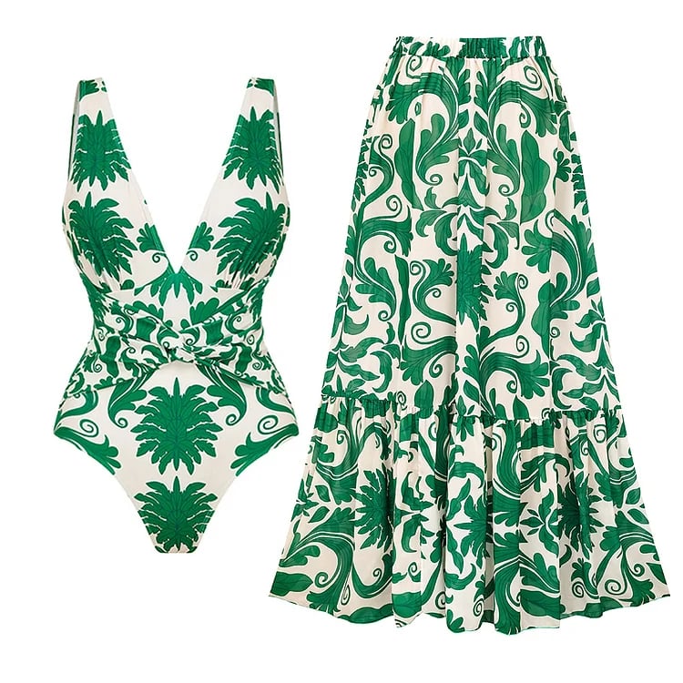 V Neck Print Two Piece Swimsuit Set - Green