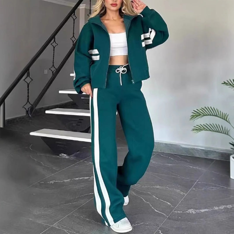 🔥🔥Conjunto feminino de 2 peças com jaqueta listrada com zíper e calça casual
