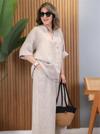Completo casual da donna in cotone e lino a righe