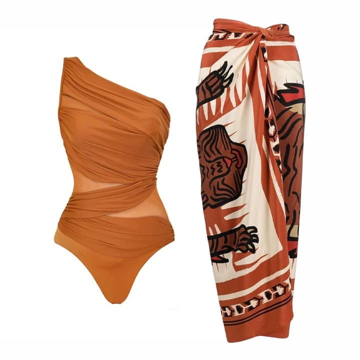 New design One Shoulder  Printed Wrap Skirt Swimsuit Set