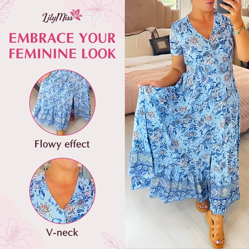 LilyMiss – Vestido maxi floral casual estampado com decote em V e cintura plissada