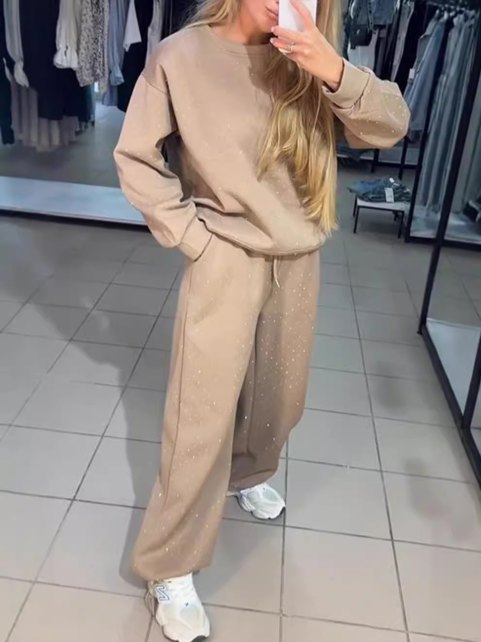 Felpa sportiva casual con scollo tondo e pantaloni jogger da donna, set da 2 pezzi