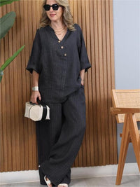 Completo casual da donna in cotone e lino a righe
