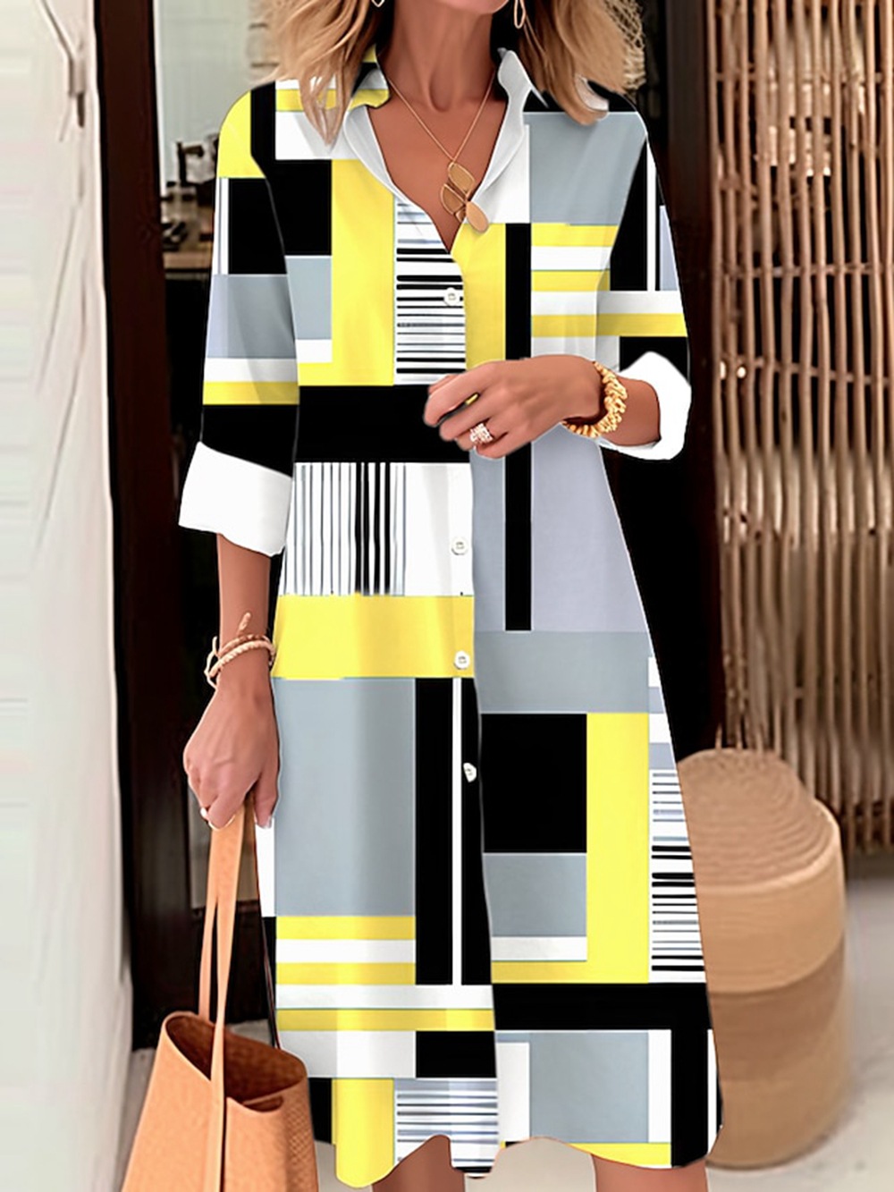 Abito elegante ampio stampato in stile casual scozzese tinta unita