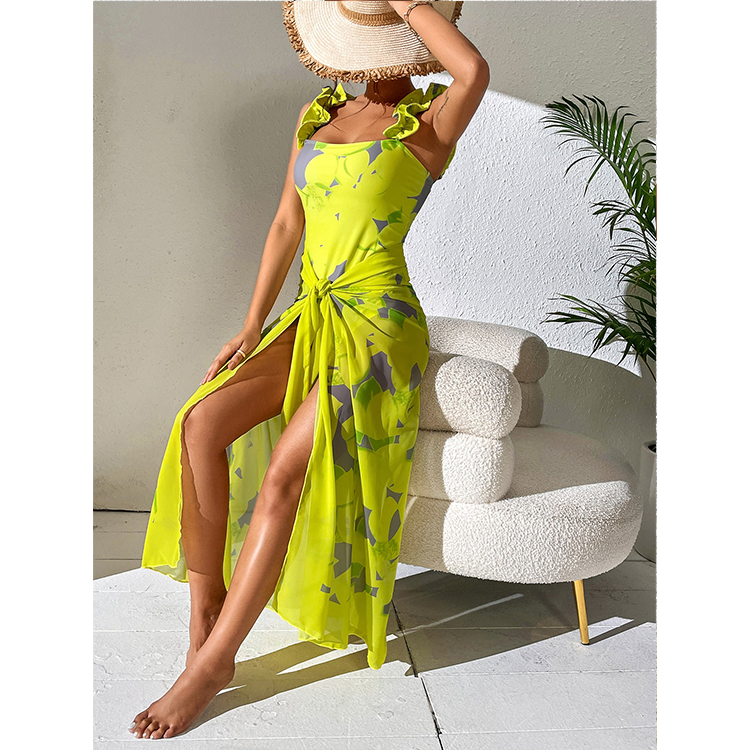 Ruffled Strap Lemon Print One Piece Swimsuit and Sarong 💕