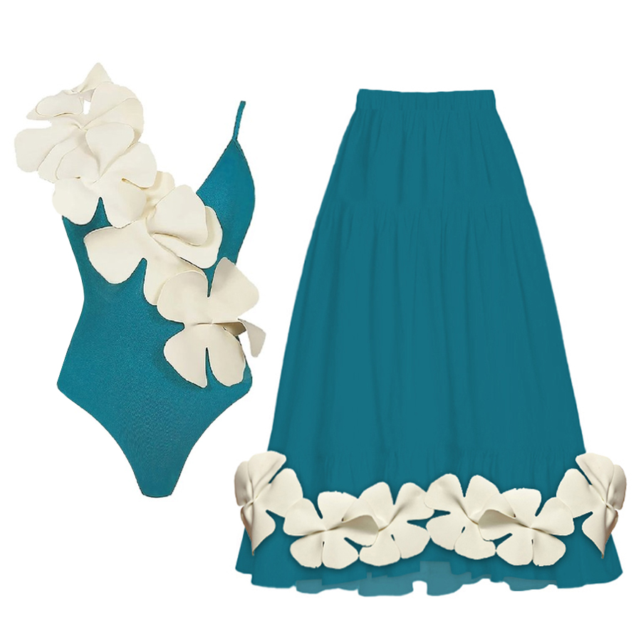 3D Flower Backless One Piece Swimsuit and Skirt